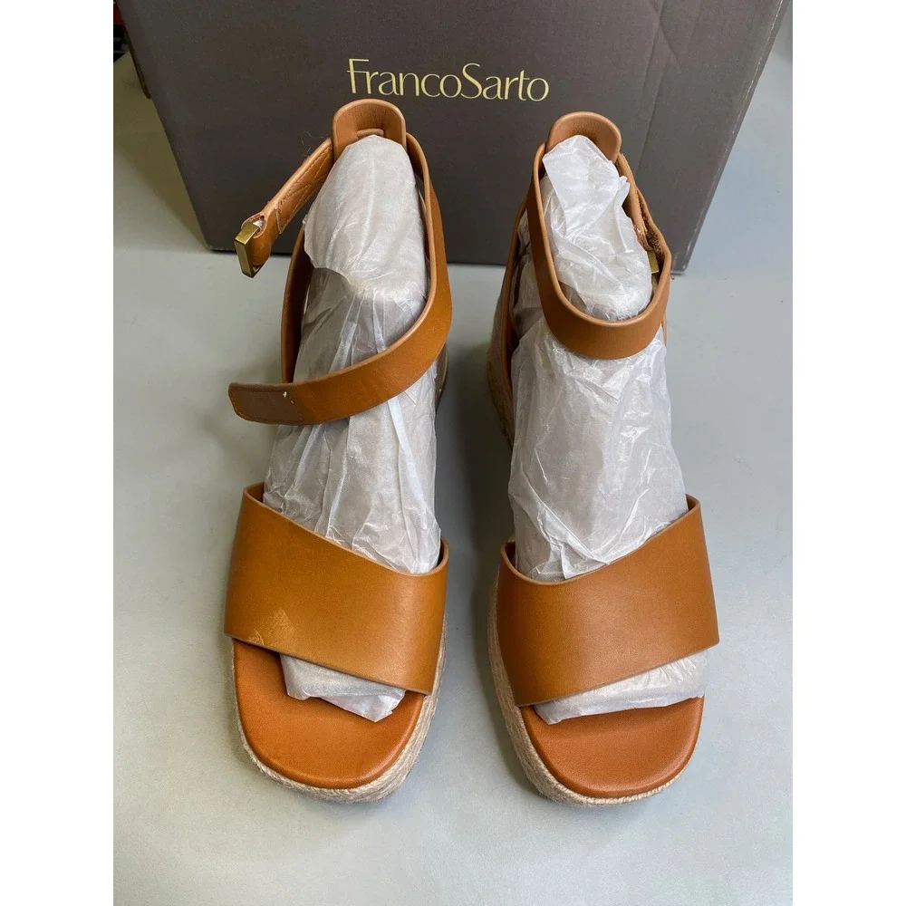 Franco Sarto Tiffany Tan Leather Espadrille Platform Wedge Sandals J4069L1200 7M